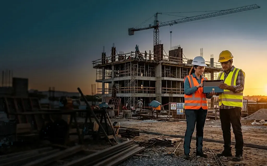Mestre de obras e engenheira conferindo o dia no tablet, na obra