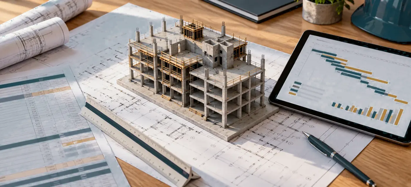 Maquete da obra, planta e o Gantt no tablet