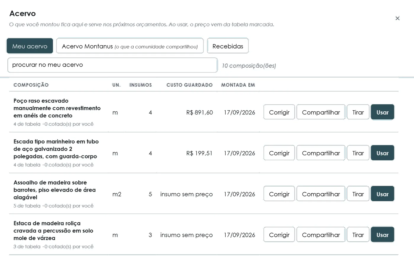 Tela das composições próprias